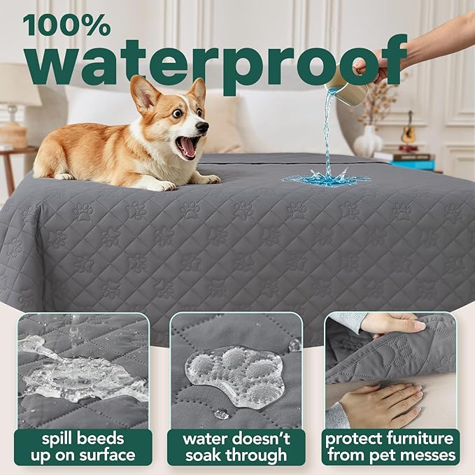 PAWFINITY Waterproof Dog Bed Covers, Pee Proof Pet Blanket, Paw Print Quilted - Image 3