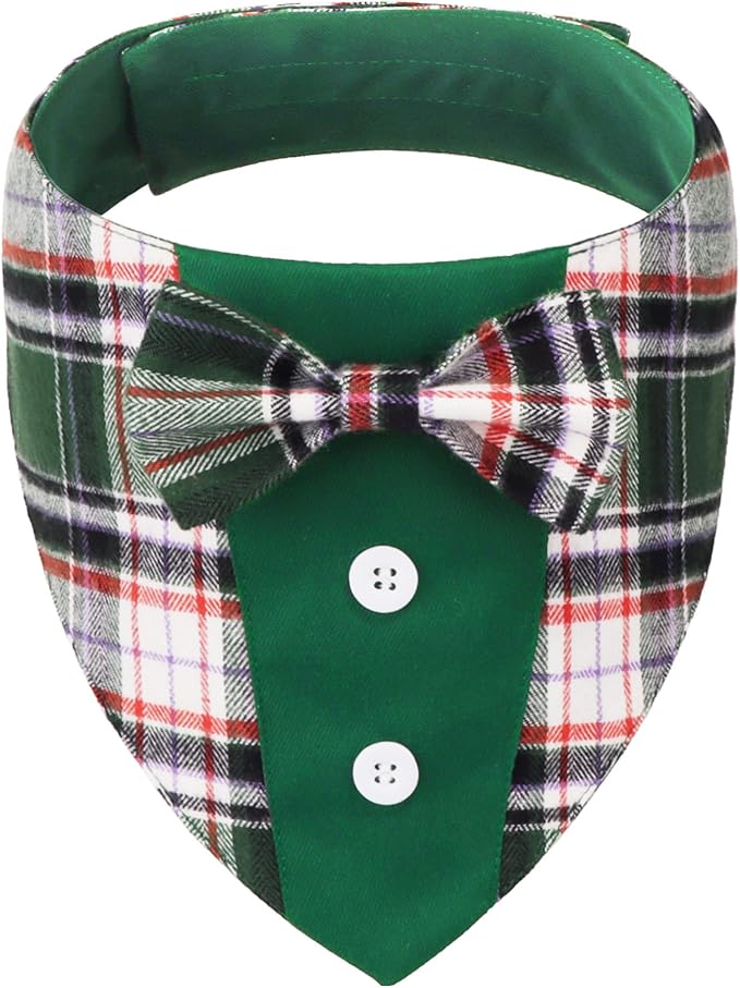 ADOGGYGO Christmas Green Dog Tuxedo Bandana, Plaid Pet Bowtie Collar, by ADOGGYGO