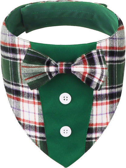 ADOGGYGO Christmas Green Dog Tuxedo Bandana, Plaid Pet Bowtie Collar, by ADOGGYGO