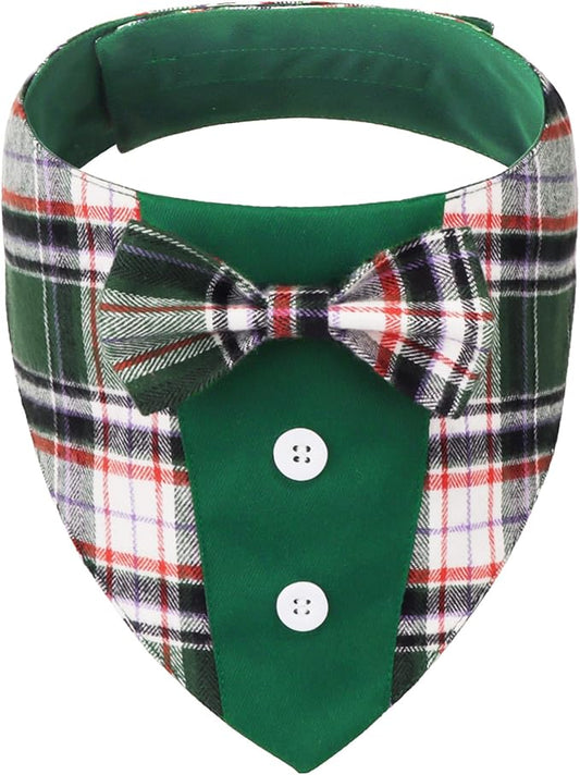 ADOGGYGO Christmas Green Dog Tuxedo Bandana, Plaid Pet Bowtie Collar, by ADOGGYGO