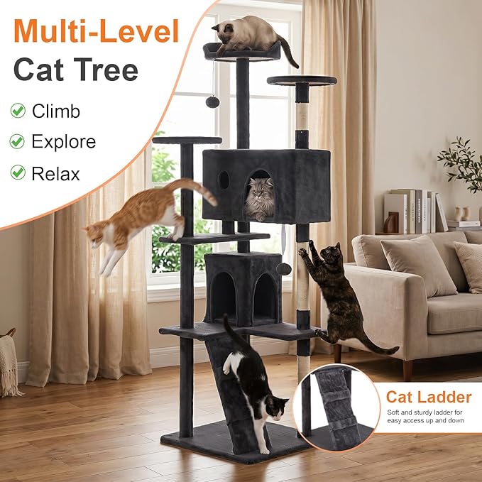 FDW | 70" Cat Tree Tower | Dark Gray | Multi-Level Indoor Activity Center - Image 6
