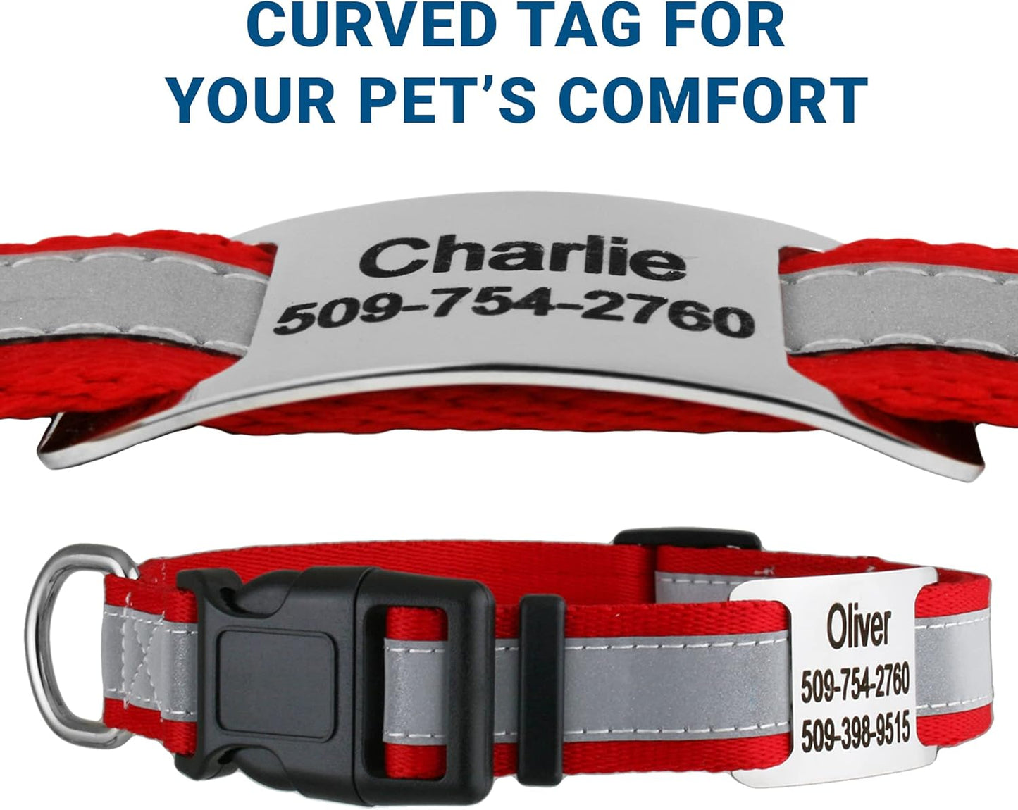 GoTags Reflective Personalized Dog Collar with Nameplate, Adjustable Dog Collar with Custom Engraved Steel Slide On Pet ID Tag, Silent, No Noise Dog Tag for Large Medium or Small (Red, Small)