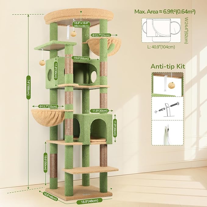 Globlazer Cactus Heavy Duty Cat Tree, 74in Tall Sturdy Cat Tower - Image 6