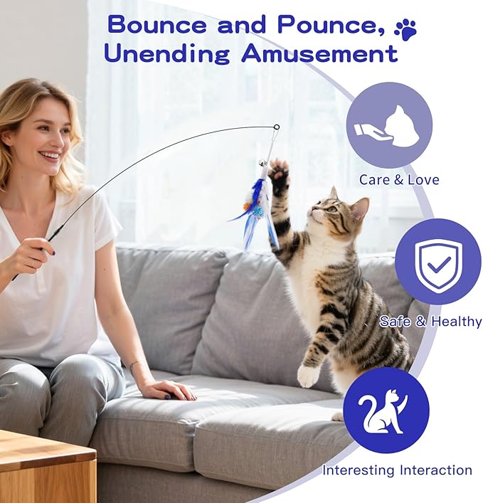 Pawaboo Feather Teaser Cat Toy, Interactive Feather Wand Cats Toy Flying - Image 5