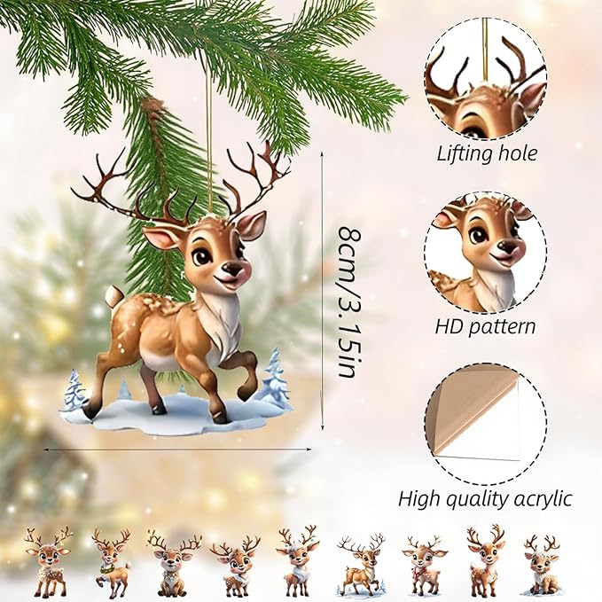 9 Pcs Christmas Ornaments Cute Reindeer Xmas Tree Decorations Acrylic Winter - Image 2