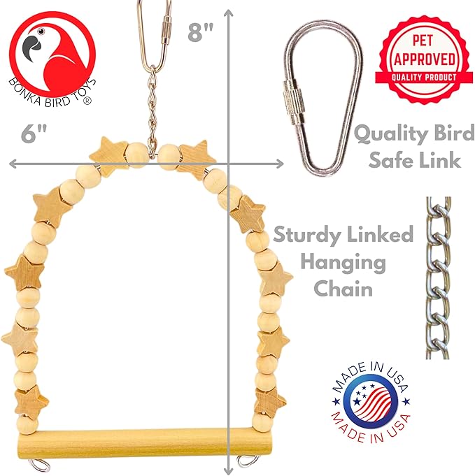 Bonka Bird Toys 1448 Natural Star Swing 8" x 6" Natural Wood Hanging Swing Perch - Image 2