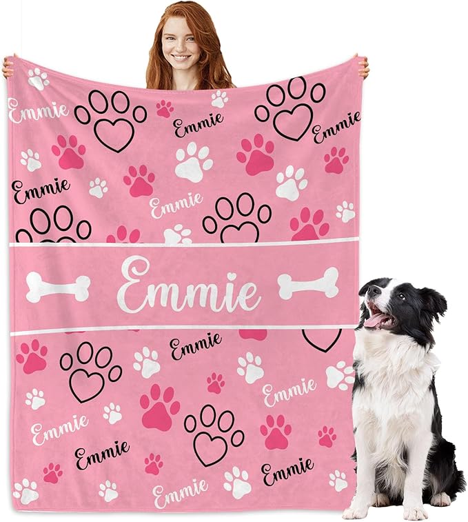 Personalized Dog Blankets with Name, Custom Paw Print Blanket by Artsadd
