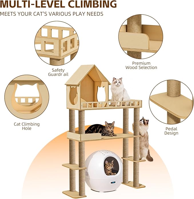 Wood Cat Tree for Automatic Litter Box, 60.2 Inch Tall Modern Cat Tree Tower - Image 3