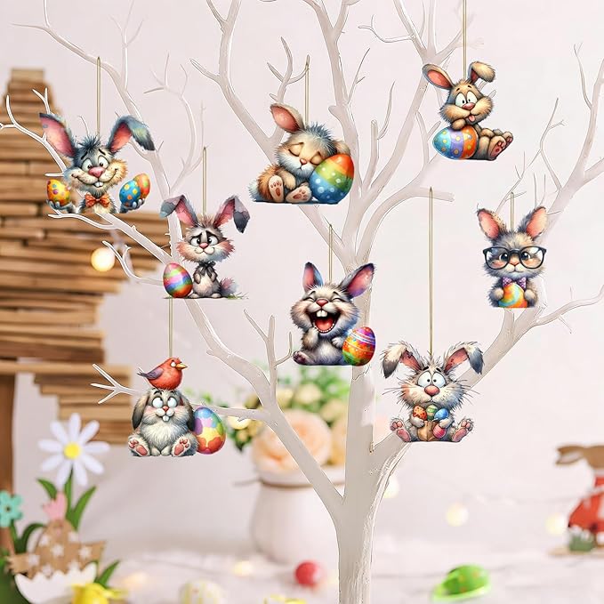 8 Pcs Easter Hanging Ornaments for Tree 2D Acrylic Cartoon Bunny - Image 4