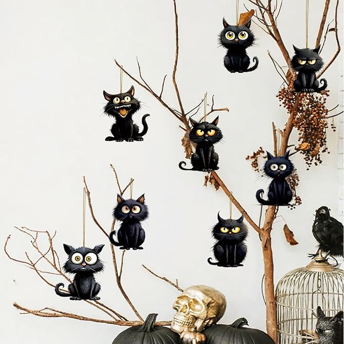 8 Pcs Halloween Tree Decoration Funny Cute Black Cat Designs Acrylic Pendant - Image 2