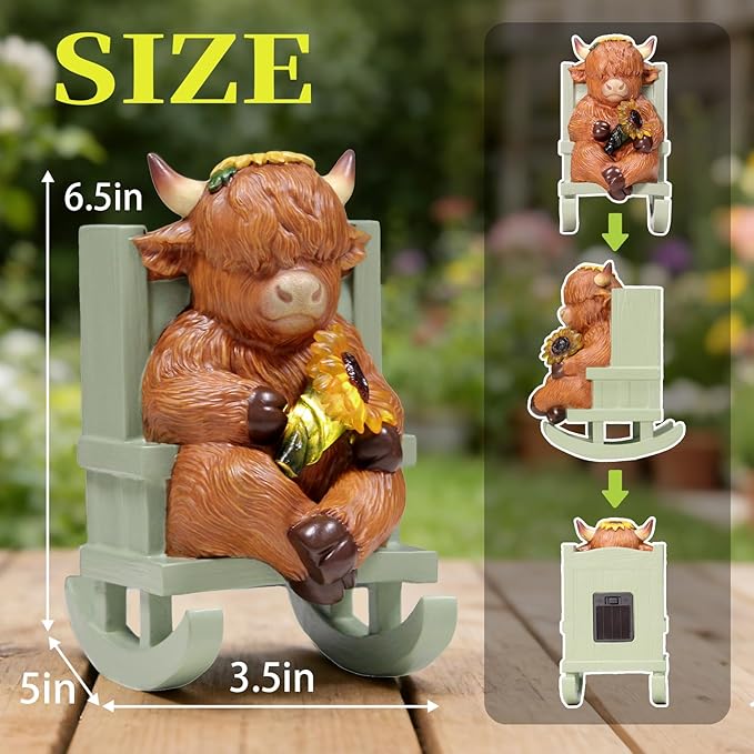 Sheaifun Solar Garden Statues Highland Cow Garden Decor Resin Highland Cow - Image 6