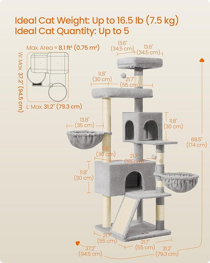 Feandrea Cat Tree, 68.5-Inch Tall Cat Tower, Scratching Posts, Double Caves - Image 5
