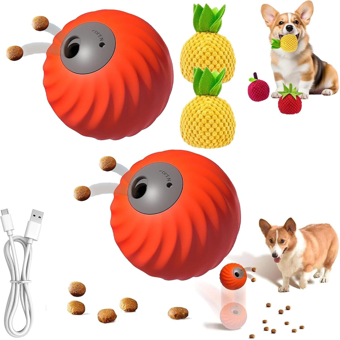 Zoomie Buddy 2.0, Zoomie Buddy for Dogs, 2 in 1 Smart Touch Interactive Dog Balls ＆ Pet Feeder, 2.83" Diameter, Suitable for Small/Medium Dogs, with Fruit Plush Cover (2*Orange, Pineapple)