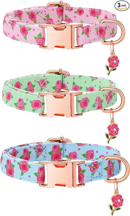 3 Pack Floral Dog Collars for Small Dogs Rose Flower Dog Collars by Guiqulai