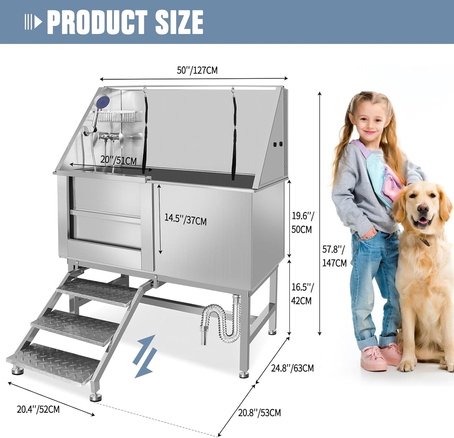 50" Pet Dog Bathing Station W/Ramp, Professional Stainless Steel Dog Grooming Tub W/Soap Box, Faucet,Rich Accessory, Dog Bathtub for Large,Medium,Small Pets, Washing Sink for Home (50" Left ramp)