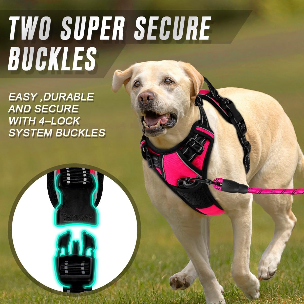BARKBAY No Pull Dog Harness Front Clip Heavy Duty Reflective Easy Control Handle for Large Dog Walking(Pink,M)