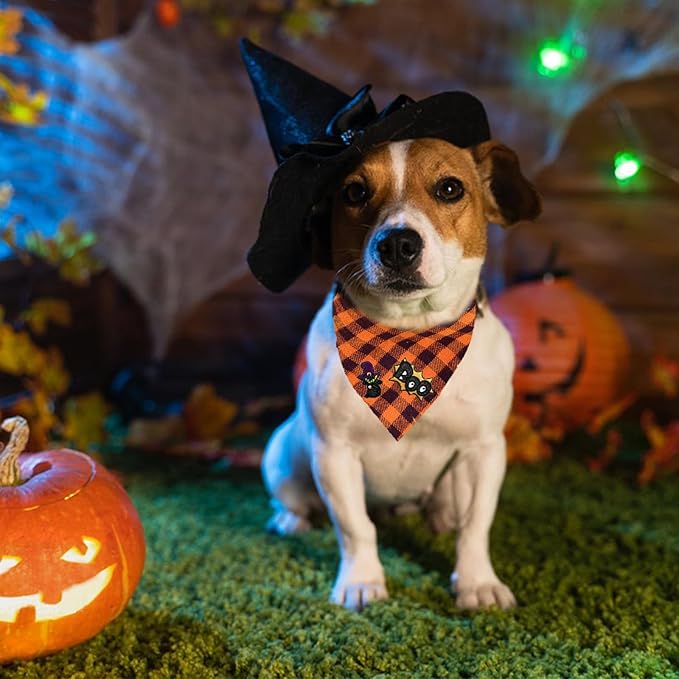 Dog Bandana with Orange & Black Plaid Soft Breathable Cotton Blend, Boo & Witch - Image 3