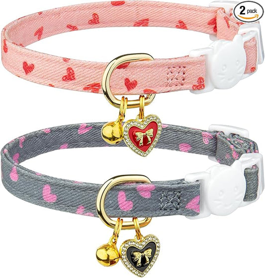 2 Pack Cotton Breakaway Cat Collar Pink and Gray Heart Shaped Pendant Cute by Fyeqyaou