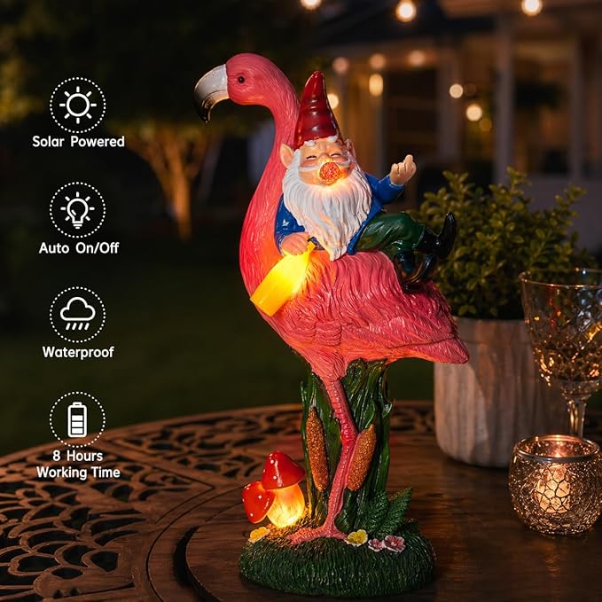 C&Y&G&X Middle Finger Gnome Riding Flamingo 13in, Funny Garden Statue Solar - Image 4