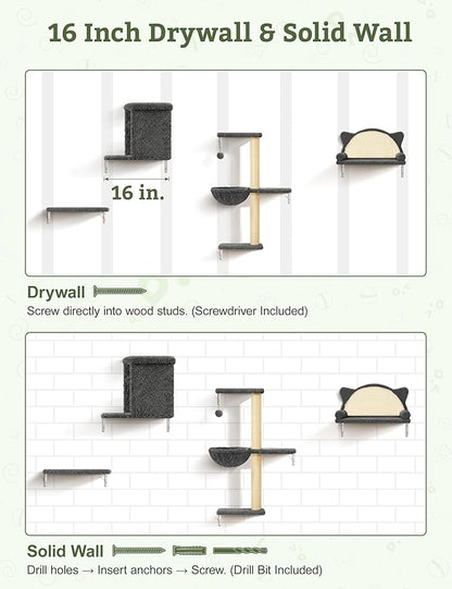5-in-1 Cat Wall Shelves, Solid Wood & Velvet & Sisal Scratcher, 44lbs Max Load - Image 7