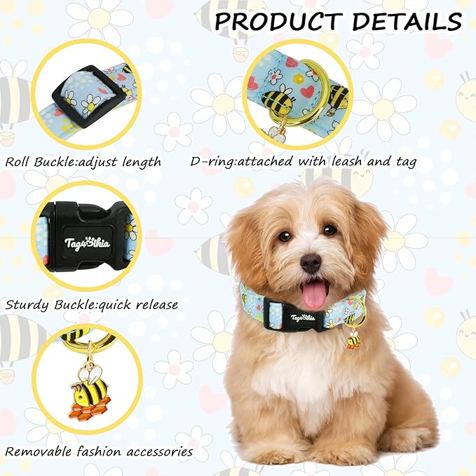 Dog Collar with Bees & Flowers Pattern, Spring Summer Collection Blue Dog - Image 3