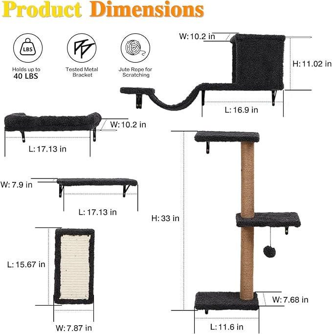 5-in-1 Cat Wall Shelves for Indoor Cats, Wall Mounted Cat Furniture - Image 3