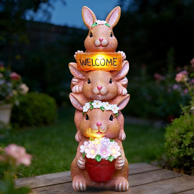 Solar Bunny Statues Outdoor Decor, Garden Sculptures by Unknown