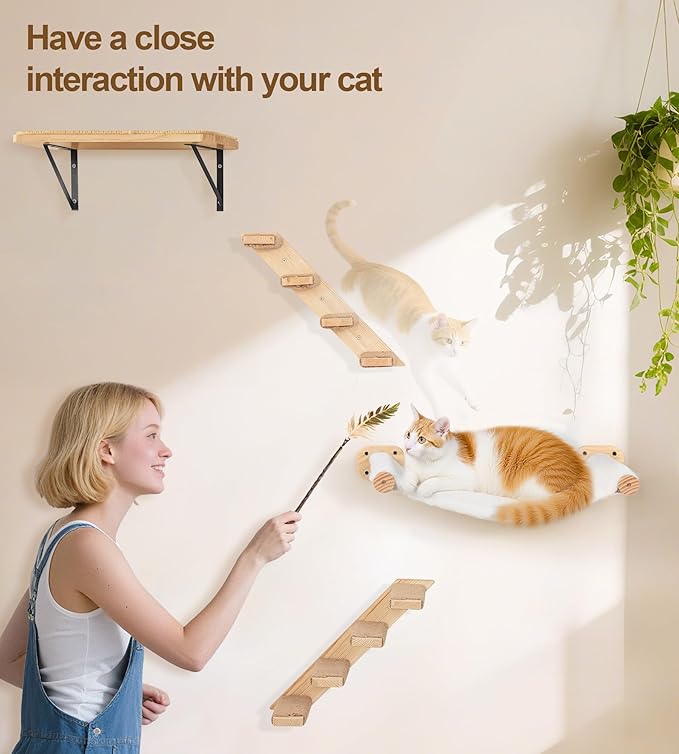Cat Wall Shelves with 1 Floating Fabric Hammock, 2 Ladders with 4 Steps Each & - Image 5