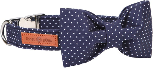 Lionet Paws Boy Dog Collar with Bowtie, Comfortable Adjustable Cute Navy Blue Bow Tie Collar for Male Dogs Gift, Small, Neck 10-16 inches