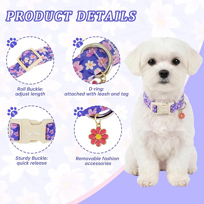 Floral Dog Collar, Spring Summer Cute Purple Flower Pet Collar - Image 2