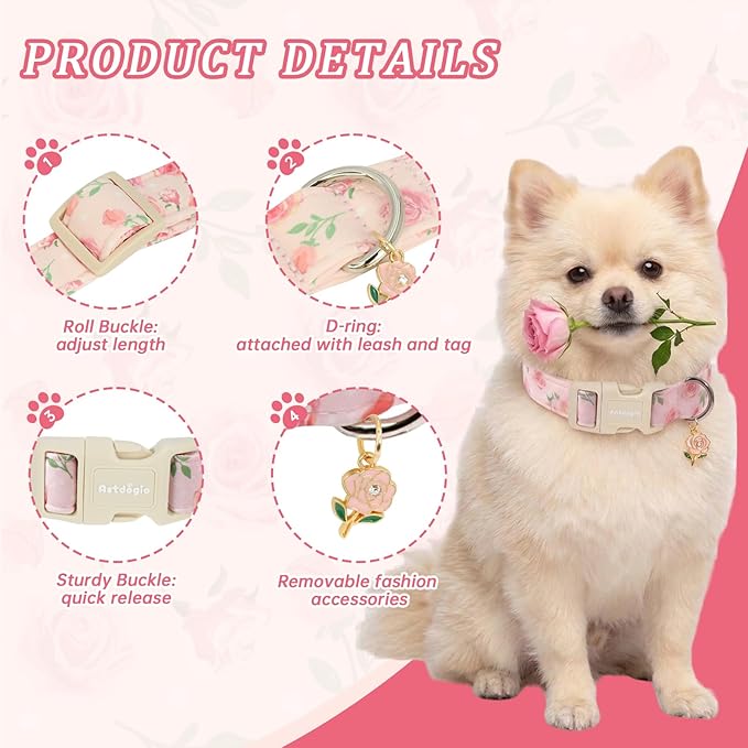 Spring Summer Dog Collar with Pink Rose, Adjustable Cotton Puppy Collars - Image 2