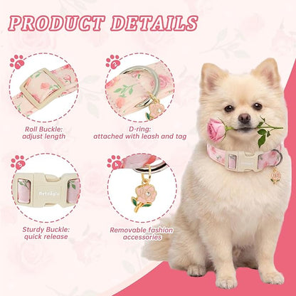 Spring Summer Dog Collar with Pink Rose, Adjustable Cotton Puppy Collars - Image 2