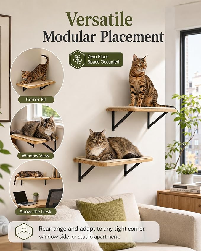 Cat Floating Wall Shelf with Scratching Mat, Support to 30 LBS - Image 3