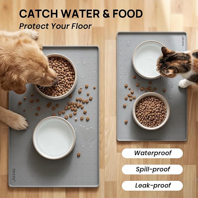YINEYA Silicone Dog & Cat Food Mat Waterproof 22" x 14", Raised Edge Dog Bowl - Image 3