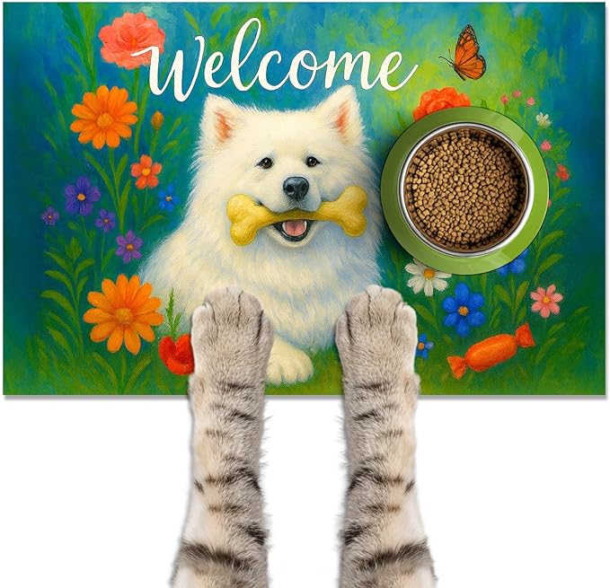 HOMETITUTE Cute Dog Feeding Mat Flower Garden Pattern 20" x 12", Non Slip Cat by HOMETITUTE