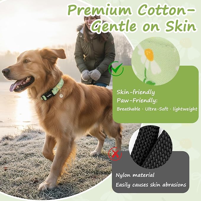 Dog Collar with Daisy Patterns, Spring Summer Collection Green Dog Collar with - Image 4