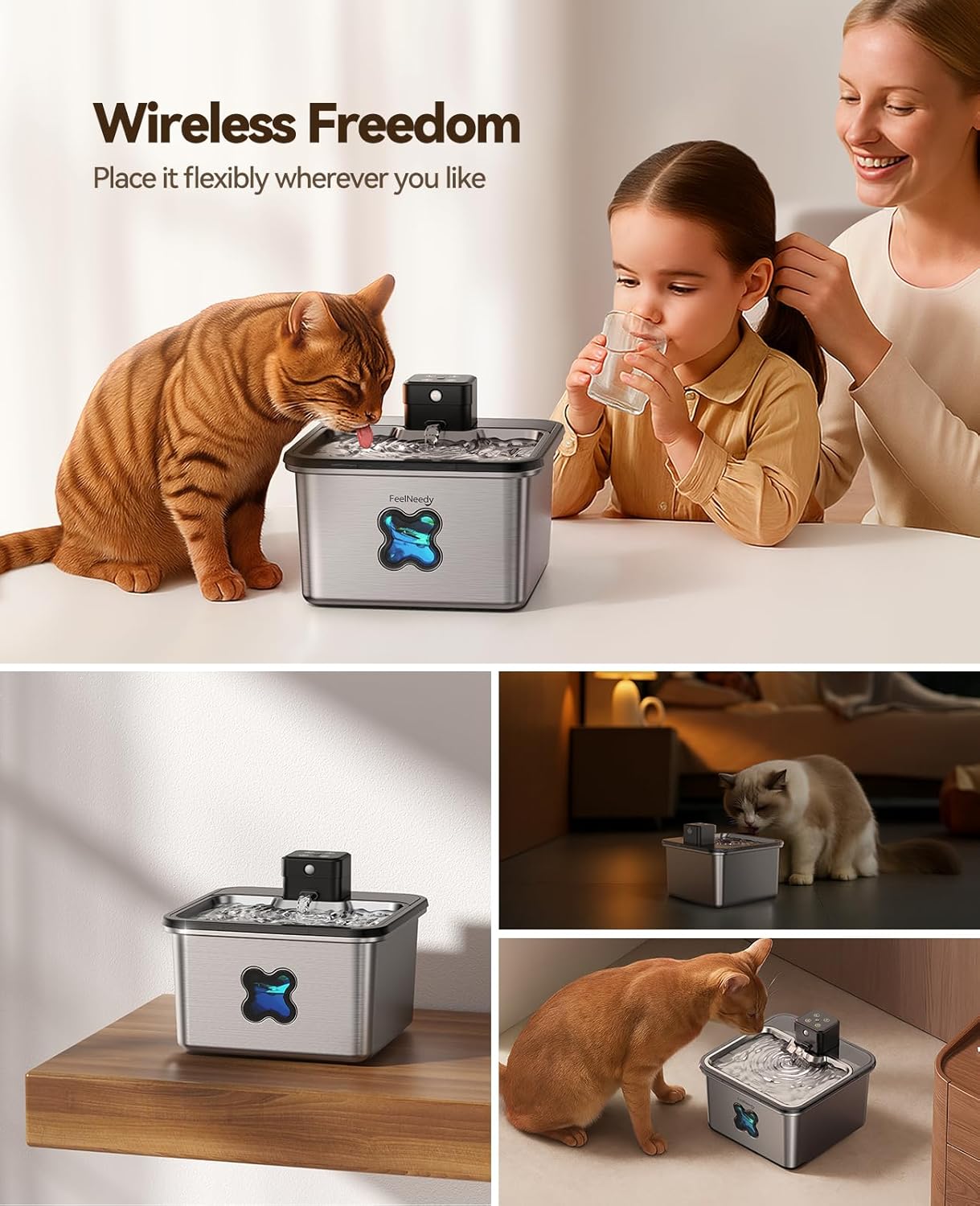 Cat Water Fountain Stainless Steel, FEELNEEDY Visual Filter Automatic Pet Water Fountain for Cats & Dogs Dispenser, Cordless Battery Operated Water Fountain for Cats Indoor - 3.2L/108oz