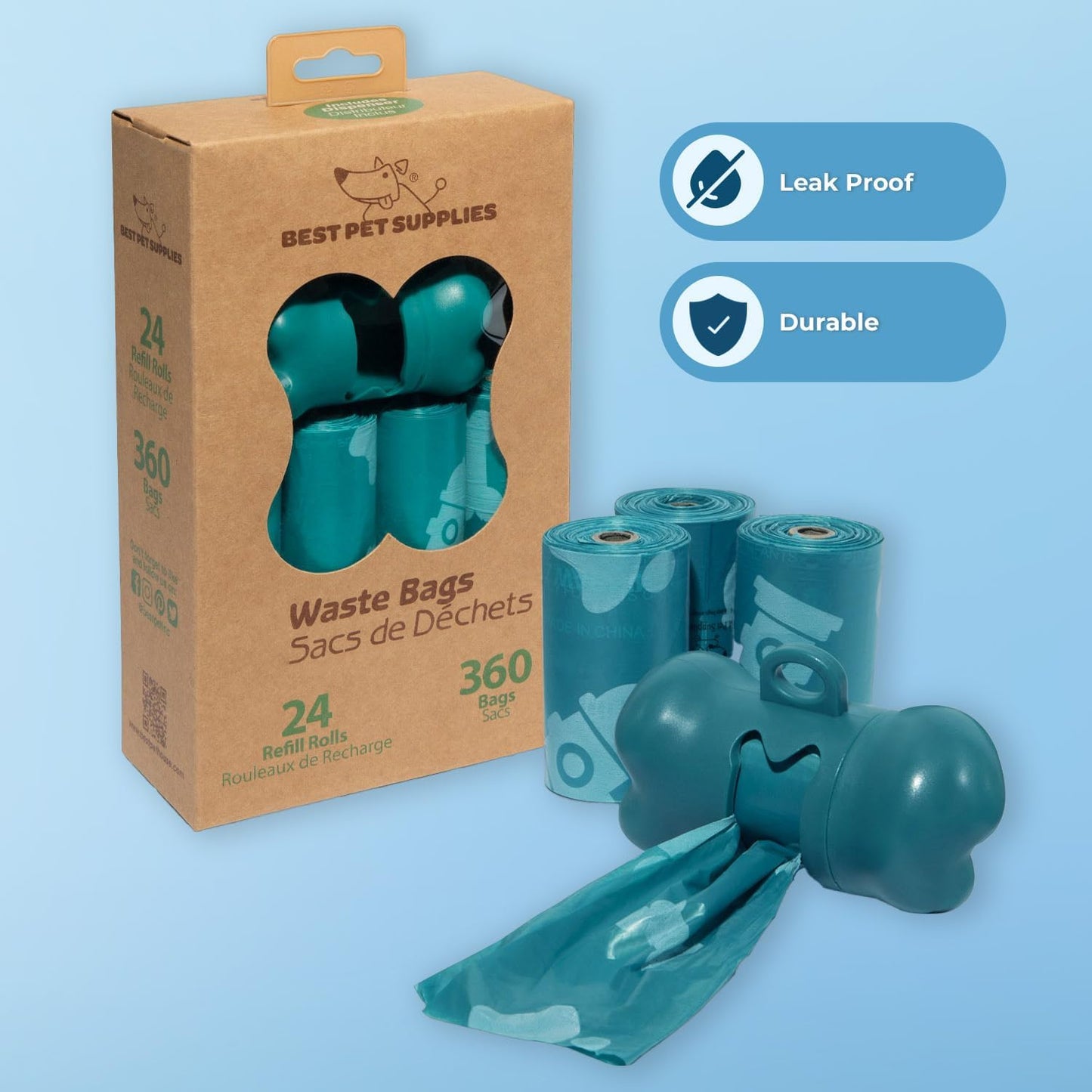 Best Pet Supplies Dog Poop Bags (360 Bags) for Waste Refuse Cleanup, Doggy Roll Replacements for Outdoor Puppy Walking and Travel, Leak Proof and Tear Resistant, Thick Plastic - Turquoise