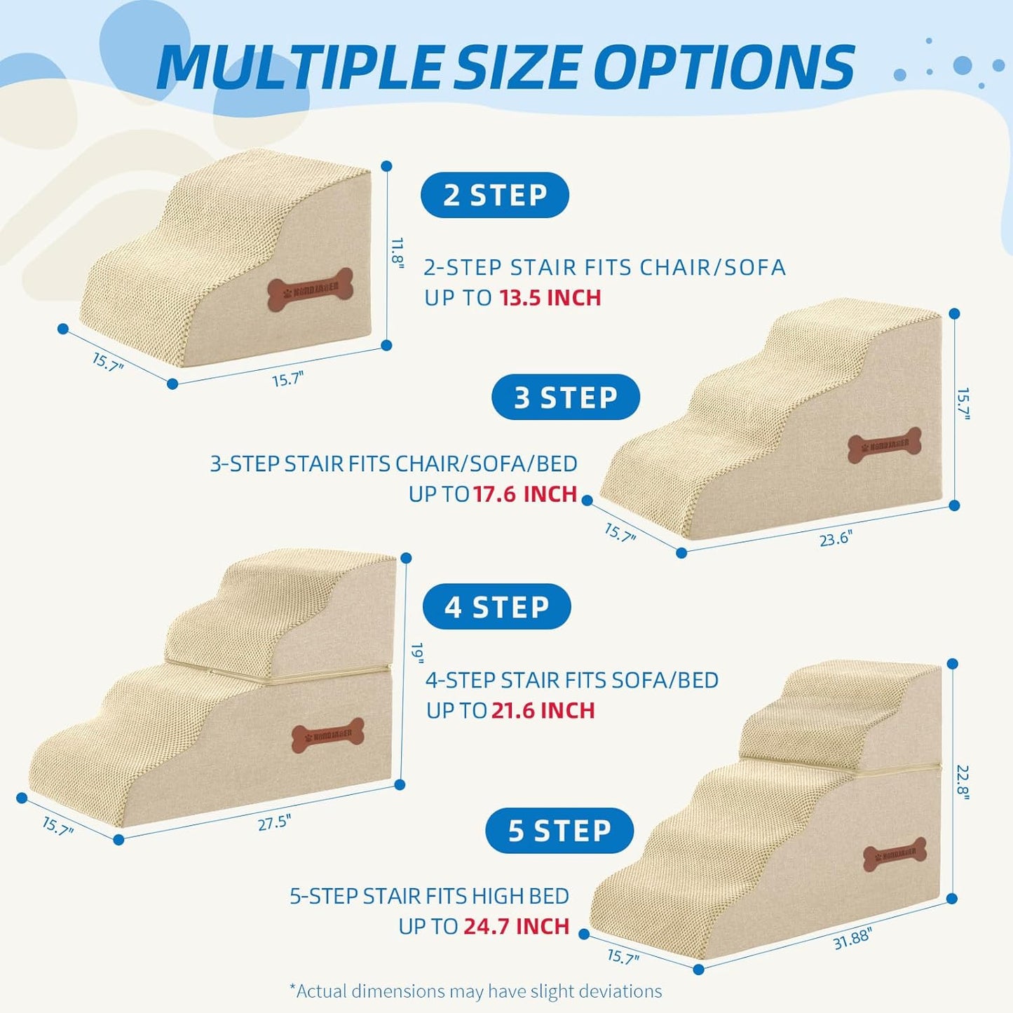 Dog Stairs 4 Steps for Small Dogs and Cats to Get on High Beds, Couch or Car, Pets Can Climb, Sit, Lie Down or Perch to Look Out Windows on The Spliceable Ramp, Provides Support, Beige（19" H）