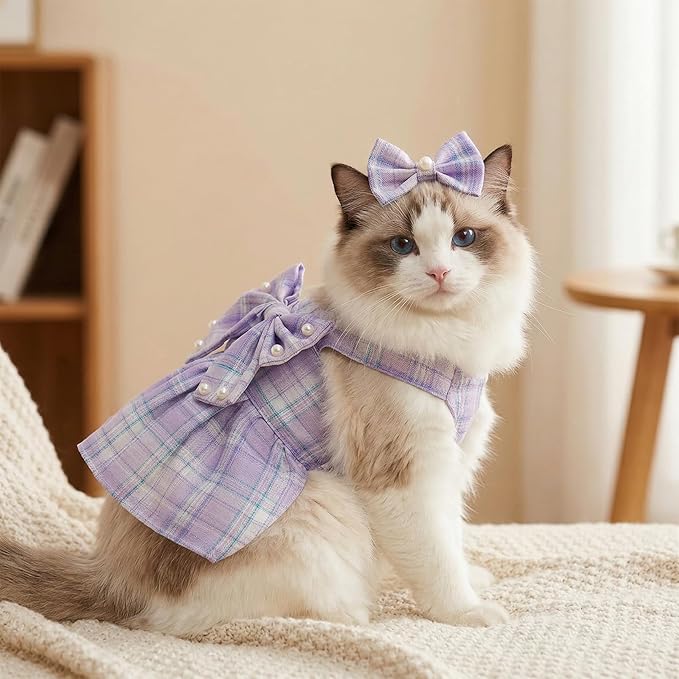 Cute Plaid Dog Dress Clothes for Small Dogs Cats Girl Purple Plaid Dog Dress - Image 6