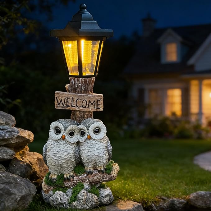 Outdoor Garden Owl Statue with Solar Lights, Owl Figure with Welcoming Sign by ZYLiWoo