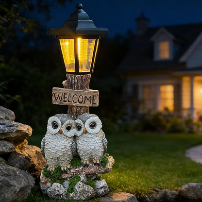 Outdoor Garden Owl Statue with Solar Lights, Owl Figure with Welcoming Sign by ZYLiWoo