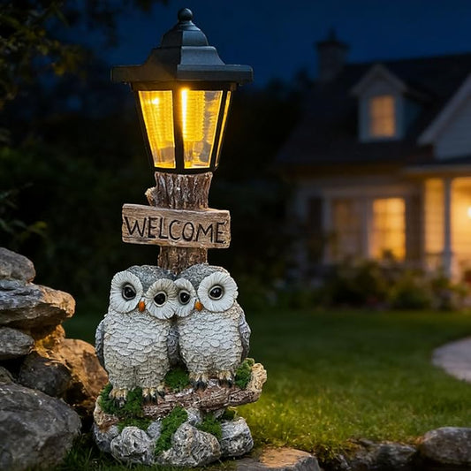 Outdoor Garden Owl Statue with Solar Lights, Owl Figure with Welcoming Sign by ZYLiWoo
