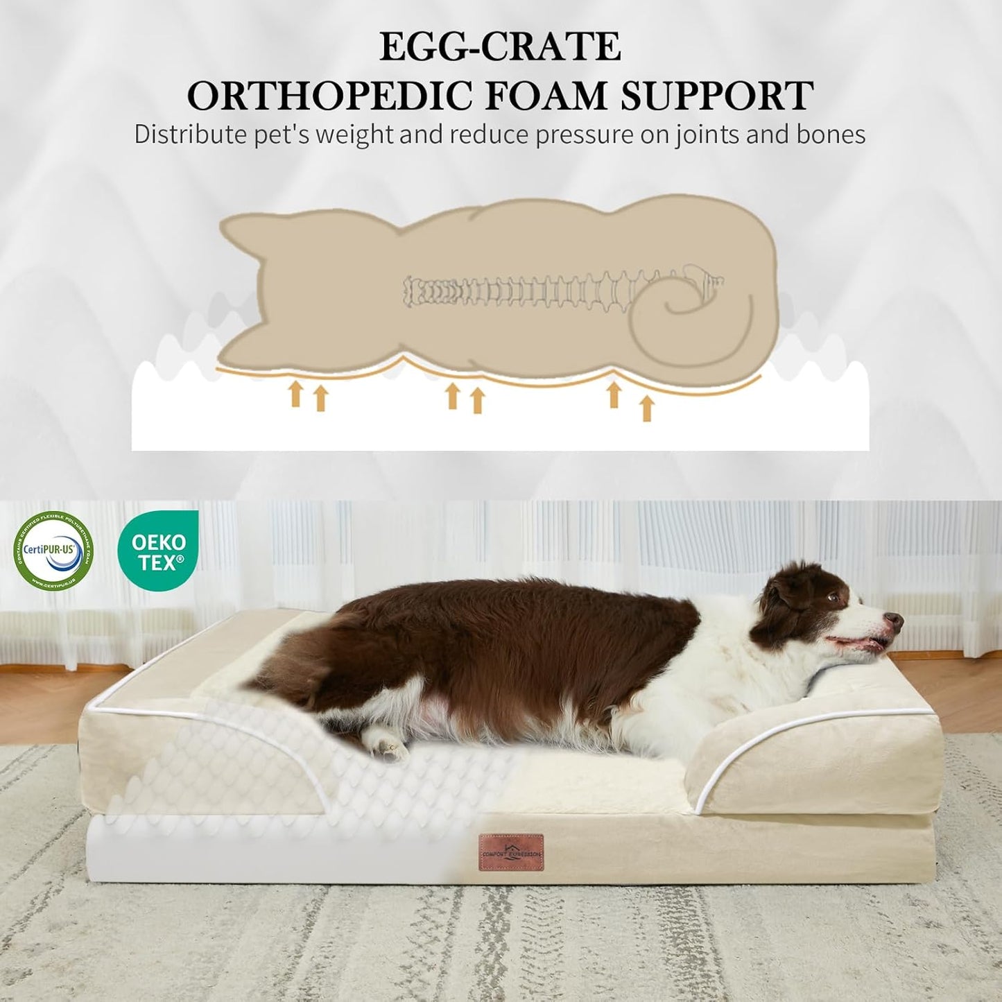 Comfort Expression Medium Dog Beds Waterproof Orthopedic Foam Dog Sofa Beds for Medium Large Dogs Comfy Pet Bed with Washable Removable Cover & Non-Slip Bottom(Medium,Beige)
