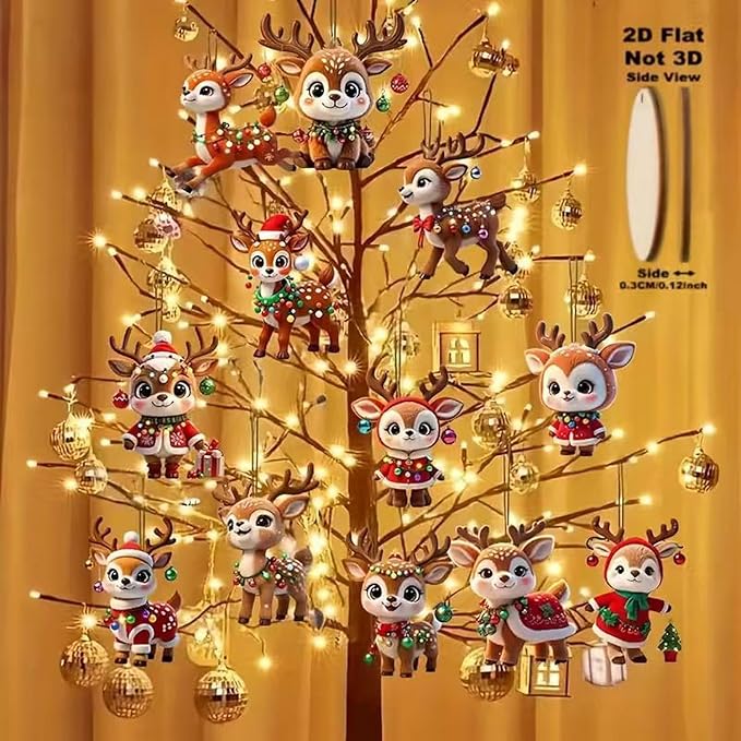 24 Pcs Cute Reindeer Christmas Tree Hanging Ornaments 2D Flat Wooden Pendant - Image 7