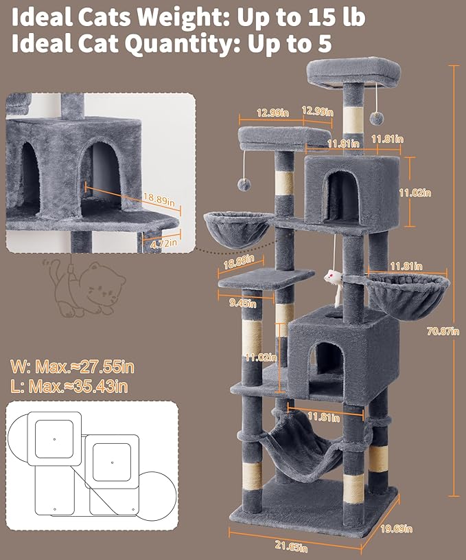 AMHANCIBLE 70 Inch Cat Tree for Large Cats, Tall Heavy Duty Kitty Playhouse - Image 2