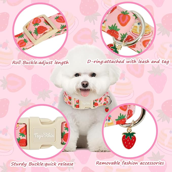 Dog Collar with Strawberry Patterns, Spring Summer Collection Pink Dog Collar - Image 3