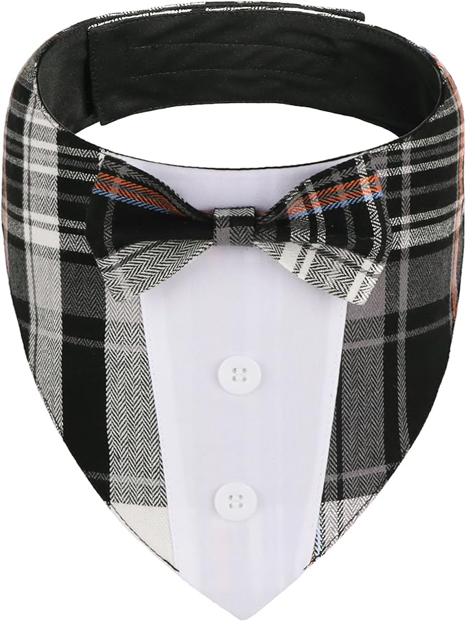 ADOGGYGO Black Dog Tuxedo Bandana, Plaid Bow Tie Collar, Adjustable Black Plaid by ADOGGYGO