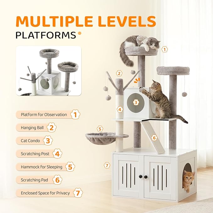 VINGLI Cat Tree Tower with Litter Box, Cat Tower wih Scratching Posts, Houses - Image 4