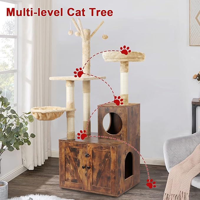 Timberer Cat Tree Tower with Litter Box Enclosure, 2-in-1 Wooden Cat Condo with - Image 3